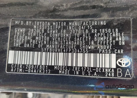 2015 Toyota Corolla Le z USA, uszkodzony, nr VIN 5YFBURHE4FP304755